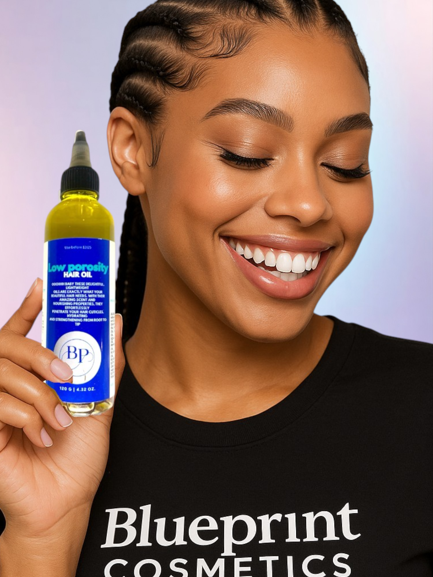 Blueprint Cosmetics model with hair growth oil 